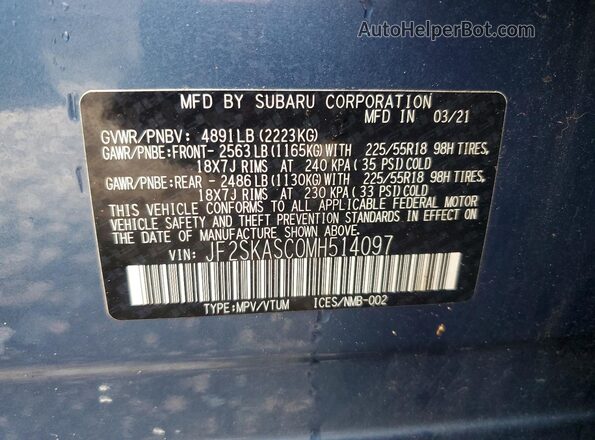JF2SKASC0MH514097 2021 SUBARU FORESTER Blue Widok naklejki z numerem VIN