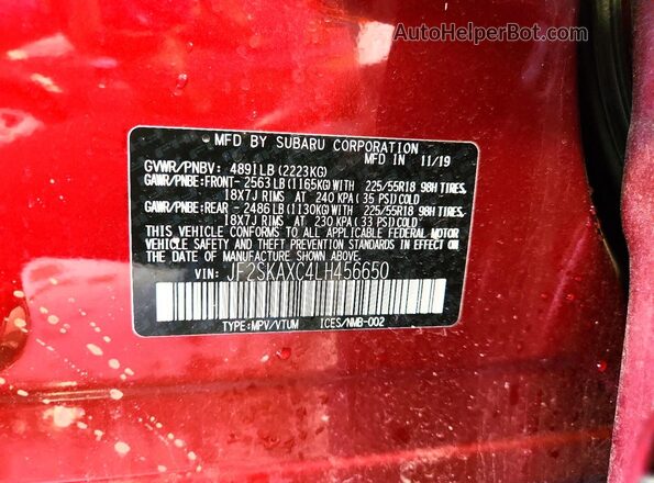 JF2SKAXC4LH456650 2020 SUBARU FORESTER Red VIN կոդի պիտակի տեսք