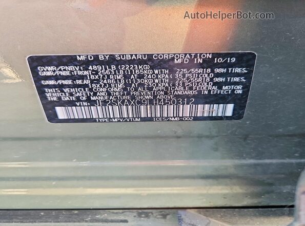 JF2SKAXC9LH450312 2020 SUBARU FORESTER Green Widok naklejki z numerem VIN