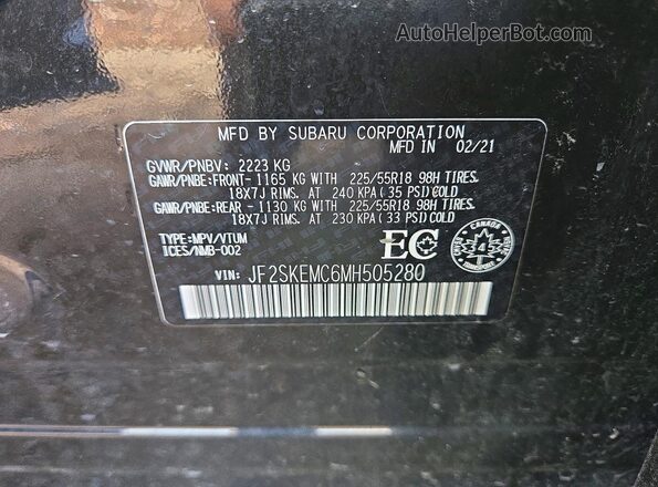 JF2SKEMC6MH505280 2021 SUBARU FORESTER Black Widok naklejki z numerem VIN
