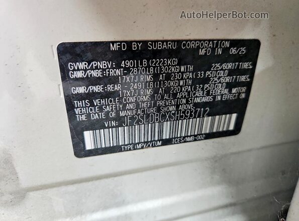 JF2SLDBCXSH593712 2025 SUBARU FORESTER White Вид наклейки з VIN-кодом