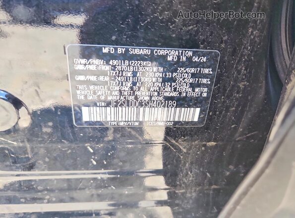 JF2SLDDC3SH402189 2025 SUBARU FORESTER Charcoal VIN კოდის სტიკერის ხედი