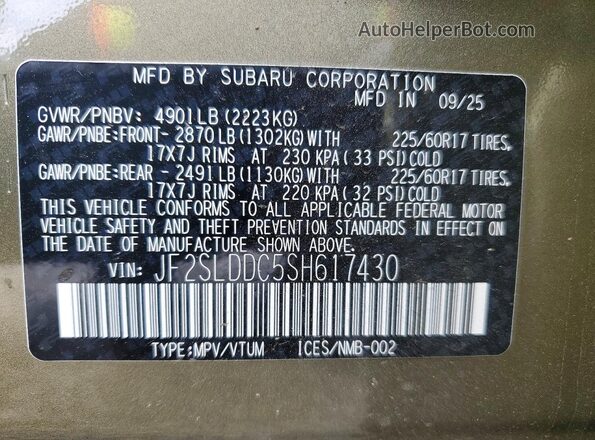 JF2SLDDC5SH617430 2025 SUBARU FORESTER Green Vista de la etiqueta del VIN