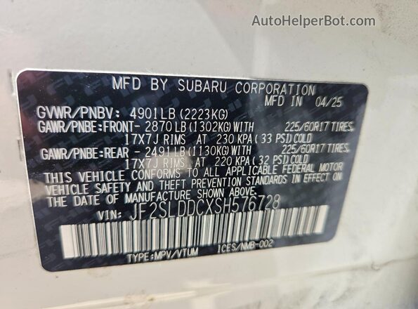 JF2SLDDCXSH576728 2025 SUBARU FORESTER White Панорамний вид салону 360°