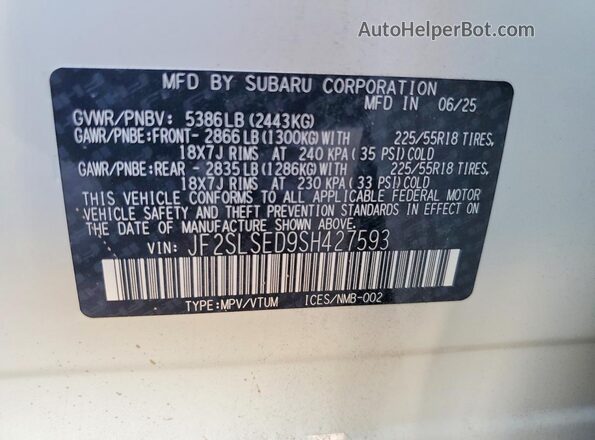 JF2SLSED9SH427593 2025 SUBARU FORESTER White VIN კოდის სტიკერის ხედი