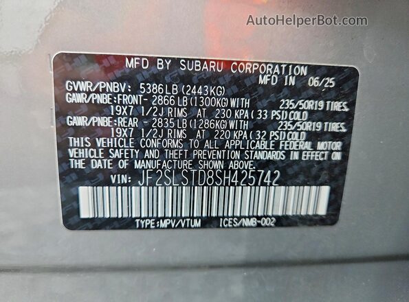 JF2SLSTD8SH425742 2025 SUBARU FORESTER Серый Панорамный вид салона 360°