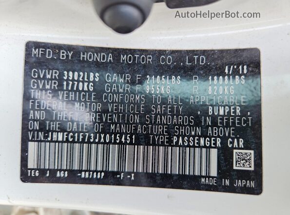 JHMFC1F73JX015451 2018 HONDA CIVIC White Շարժիչի բաժամունքի տեսք