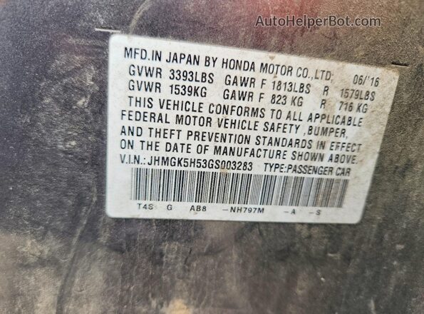 JHMGK5H53GS003283 2016 HONDA FIT Угольный Вид наклейки с VIN-кодом