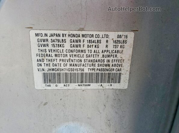 JHMGK5H71GS015756 2016 HONDA FIT Silver VIN sticker view