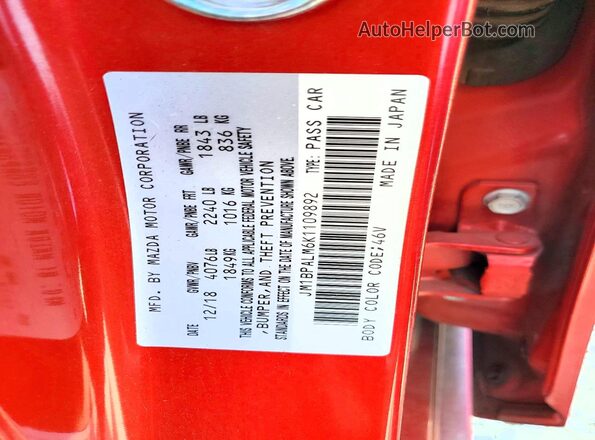 JM1BPALM6K1109892 2019 MAZDA 3 Красный Вид наклейки с VIN-кодом