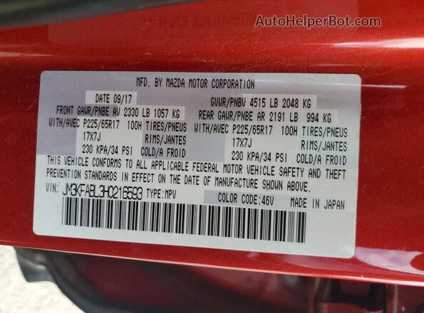 JM3KFABL3H0216593 2017 MAZDA CX-5 Red Widok naklejki z numerem VIN