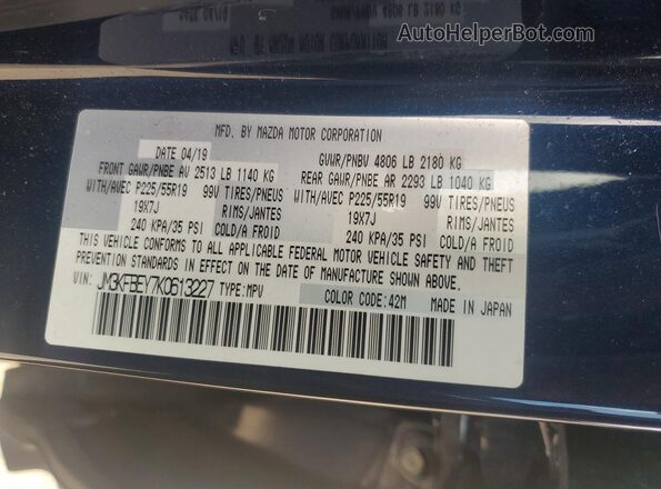 JM3KFBEY7K0613227 2019 MAZDA CX-5 Blue Вид наклейки з VIN-кодом