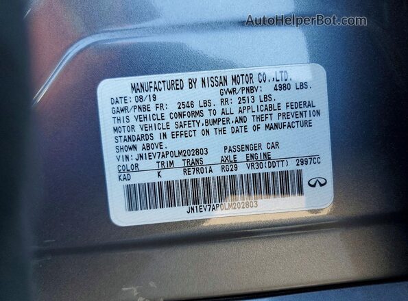 JN1EV7AP0LM202803 2020 INFINITI Q50 Charcoal VIN կոդի պիտակի տեսք
