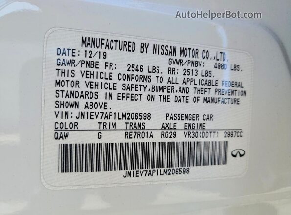 JN1EV7AP1LM206598 2020 INFINITI Q50 White ძრავის განყოფილების ხედი