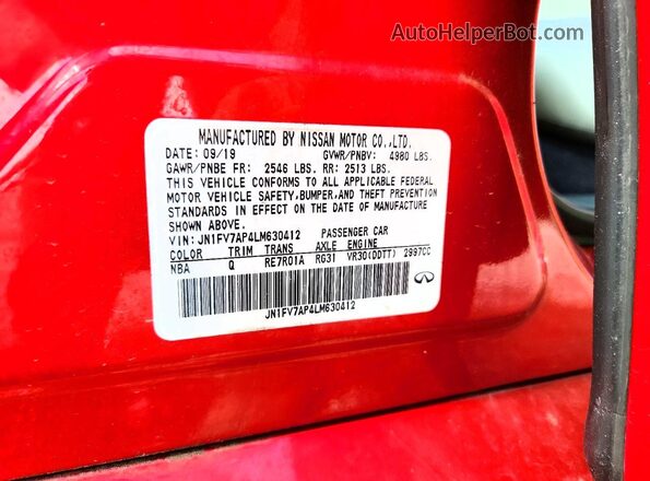 JN1FV7AP4LM630412 2020 INFINITI Q50 Red Engine compartment view