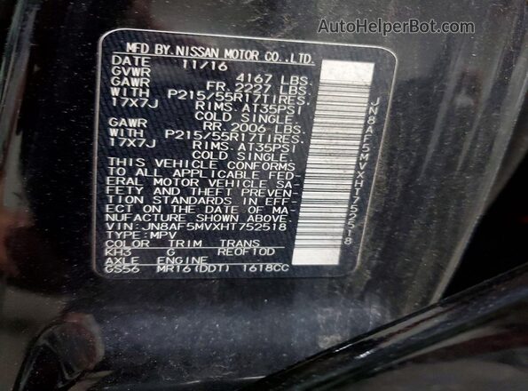 JN8AF5MVXHT752518 2017 NISSAN JUKE Black Vista de la etiqueta del VIN