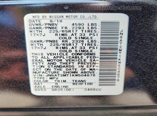 JN8AT2MT1KW504878 2019 NISSAN ROGUE Black Widok naklejki z numerem VIN