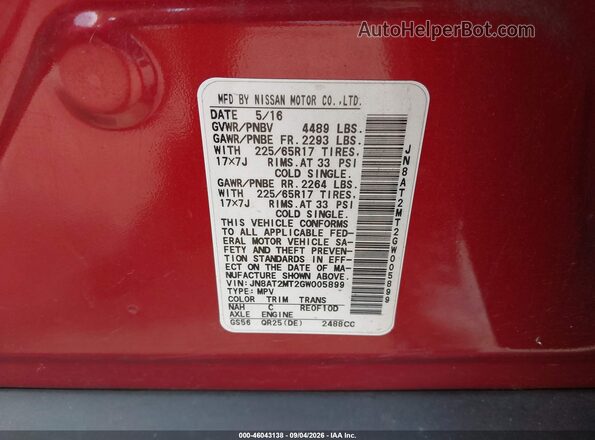 JN8AT2MT2GW005899 2016 NISSAN ROGUE Red Vista del compartimento del motor