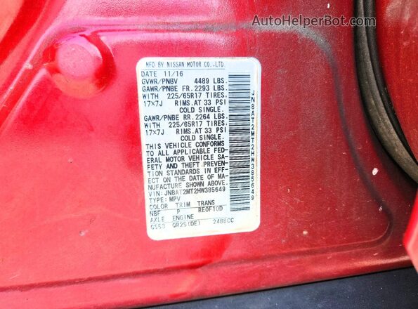 JN8AT2MT2HW385649 2017 NISSAN ROGUE Красный Вид наклейки с VIN-кодом