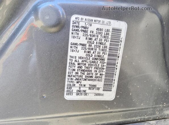 JN8AT2MT4KW261602 2019 NISSAN ROGUE Gray Widok naklejki z numerem VIN