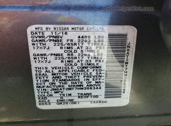 JN8AT2MT7HW386344 2017 NISSAN ROGUE Gray Widok naklejki z numerem VIN