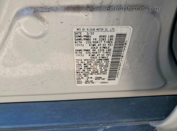 JN8AT2MT7LW041663 2020 NISSAN ROGUE Silver Vista de la etiqueta del VIN