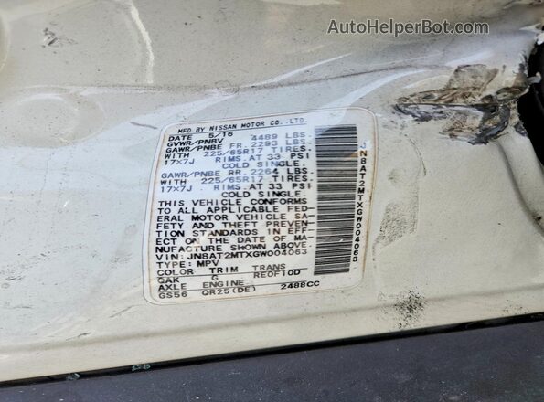 JN8AT2MTXGW004063 2016 NISSAN ROGUE White Widok wnętrza 360 stopni