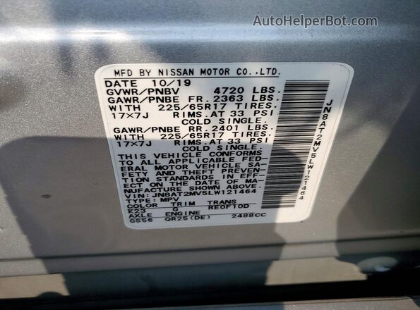JN8AT2MV5LW121464 2020 NISSAN ROGUE Серебряный Вид наклейки с VIN-кодом