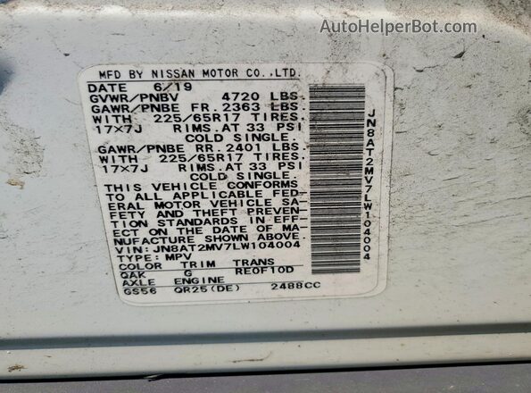JN8AT2MV7LW104004 2020 NISSAN ROGUE Белый Вид наклейки с VIN-кодом