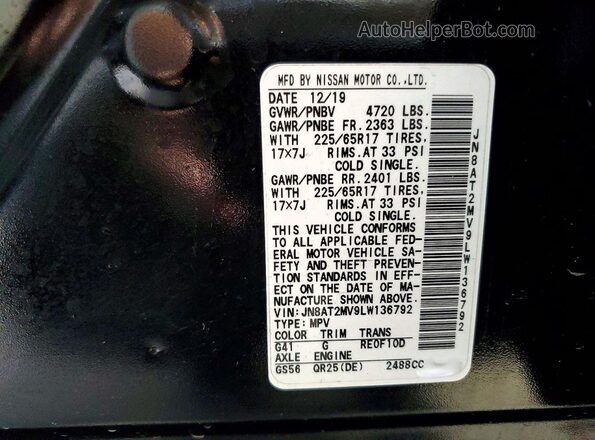JN8AT2MV9LW136792 2020 NISSAN ROGUE Black Widok wnętrza 360 stopni