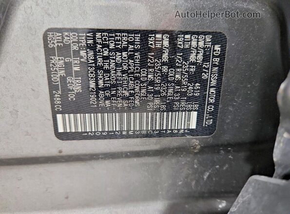 JN8AT3CB3MW219021 2021 NISSAN ROGUE Charcoal Вид наклейки з VIN-кодом