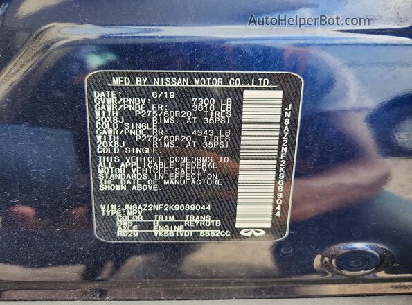 JN8AZ2NF2K9689044 2019 INFINITI QX80 Blue Vista interior de 360 grados