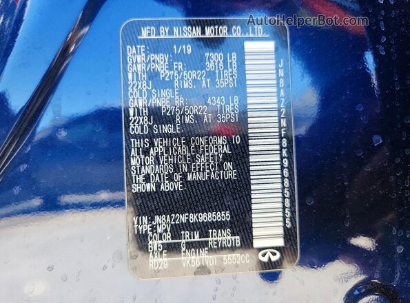 JN8AZ2NF8K9685855 2019 INFINITI QX80 Blue Widok naklejki z numerem VIN