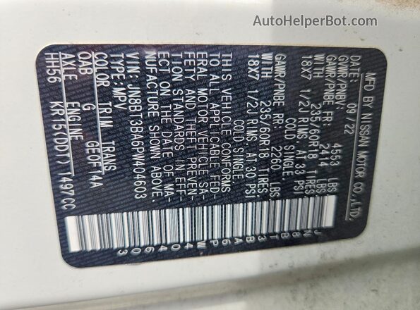 JN8BT3BA6PW404603 2023 NISSAN ROGUE White VIN sticker view