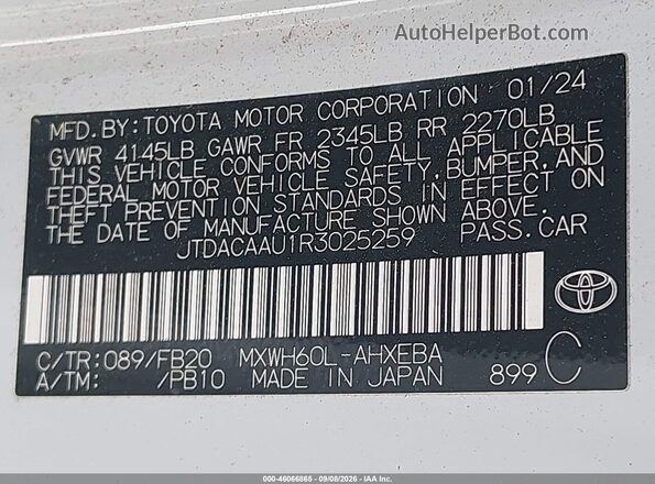 JTDACAAU1R3025259 2024 TOYOTA PRIUS White Vista del compartimento del motor