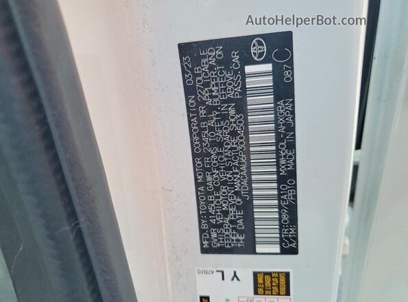 JTDACAAU6P3004503 2023 TOYOTA PRIUS White VIN კოდის სტიკერის ხედი