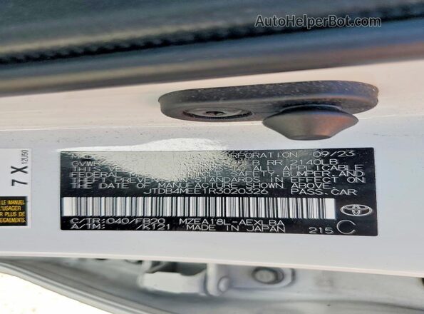 JTDB4MEE1R3020326 2024 TOYOTA COROLLA White VIN կոդի պիտակի տեսք
