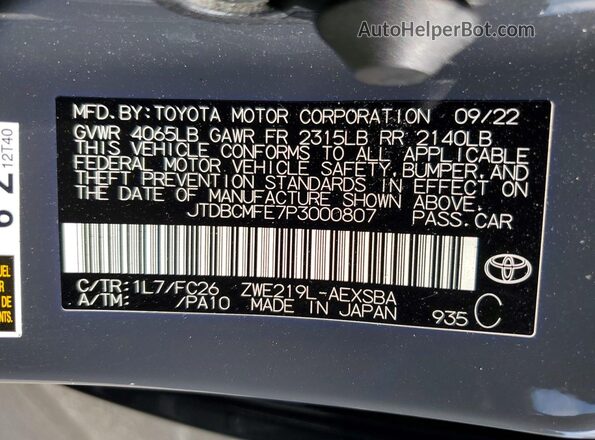JTDBCMFE7P3000807 2023 TOYOTA COROLLA Gray Vista de la etiqueta del VIN