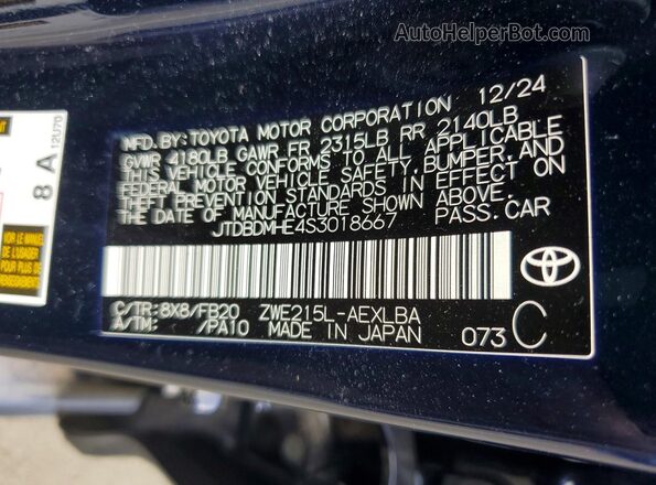 JTDBDMHE4S3018667 2025 TOYOTA COROLLA Blue Շարժիչի բաժամունքի տեսք