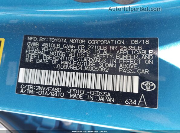 JTDBVRBD4JA005082 2018 TOYOTA MIRAI Blue ძრავის განყოფილების ხედი