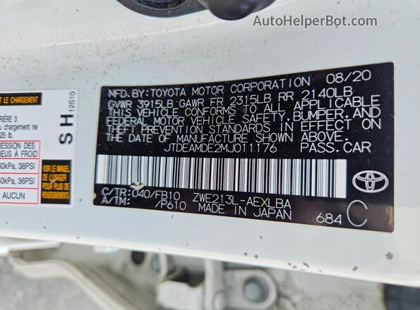 JTDEAMDE2MJ011176 2021 TOYOTA COROLLA White Вид підкапотного простору