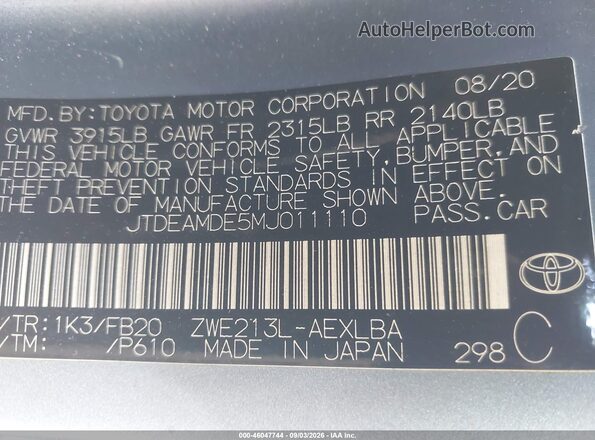 JTDEAMDE5MJ011110 2021 TOYOTA COROLLA Gray Շարժիչի բաժամունքի տեսք