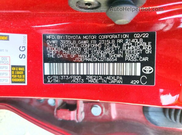 JTDEPMAE0NJ218654 2022 TOYOTA COROLLA Red VIN sticker view