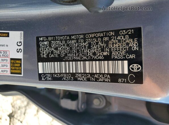 JTDEPMAE2MJ179046 2021 TOYOTA COROLLA Gray Շարժիչի բաժամունքի տեսք
