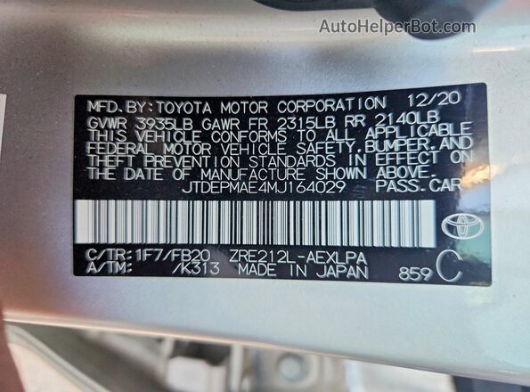 JTDEPMAE4MJ164029 2021 TOYOTA COROLLA Silver Widok komory silnika