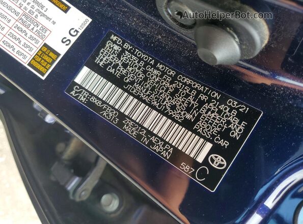 JTDEPMAE9MJ179982 2021 TOYOTA COROLLA Blue Вид наклейки з VIN-кодом