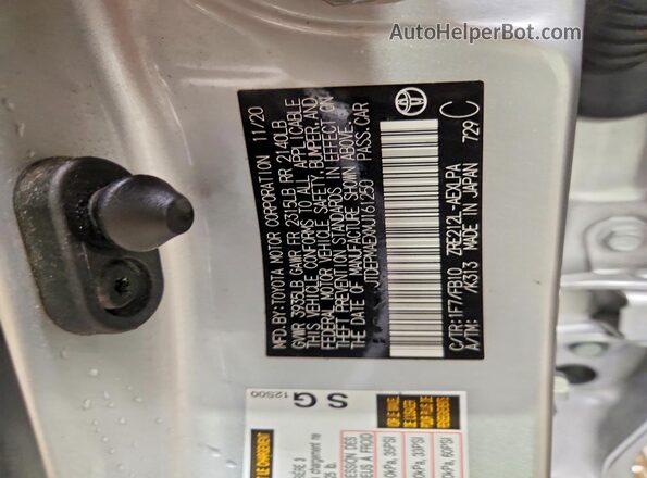 JTDEPMAEXMJ161250 2021 TOYOTA COROLLA Silver VIN sticker view