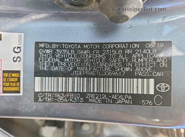 JTDEPRAE1LJ069617 2020 TOYOTA COROLLA Blue Widok naklejki z numerem VIN