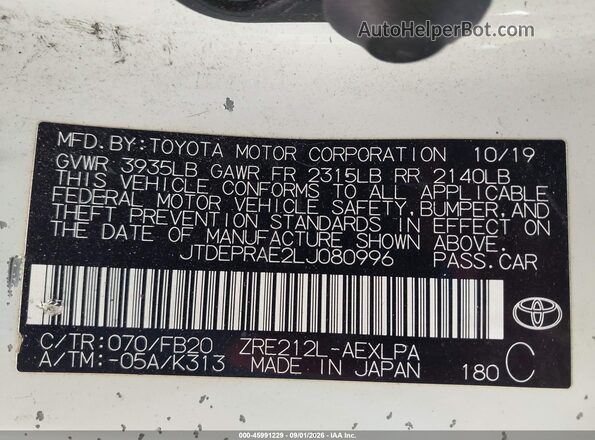 JTDEPRAE2LJ080996 2020 TOYOTA COROLLA White ძრავის განყოფილების ხედი