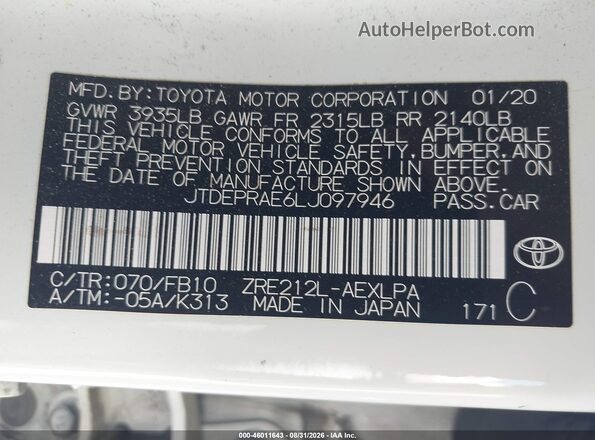 JTDEPRAE6LJ097946 2020 TOYOTA COROLLA Белый Вид подкапотного пространства